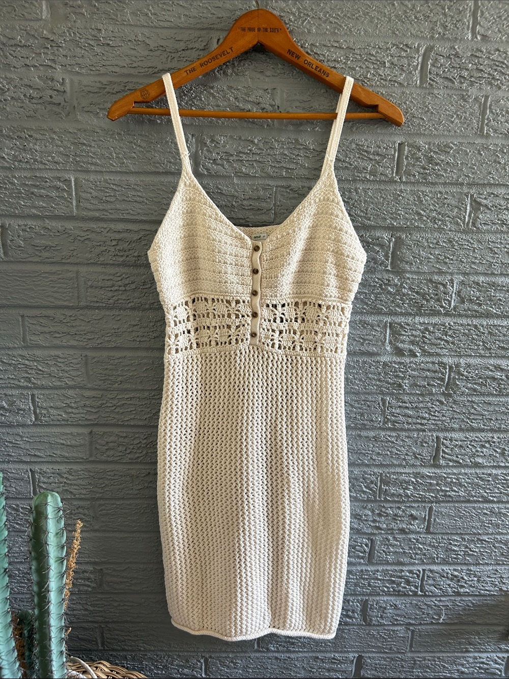 aerie Cream Crochet Button-Front Midi Dress